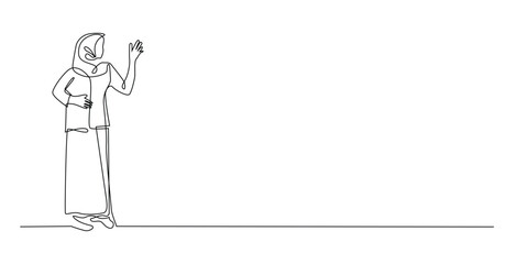continuous line of hijab woman waving her hand.one line drawing of muslim woman waving her hand.single line vector illustration.isolated white background