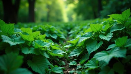 Fototapeta premium overgrown garden with dense calm dark green leaves, overgrown, natural, green