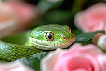 Fototapeta premium a very cute green snake resting on a bed of flowers in a calm environment