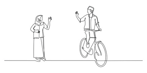 continuous line portrait of rural people.one line drawing of husband going to work by bicycle,wife waving her hand.single line vector illustration.isolated white background