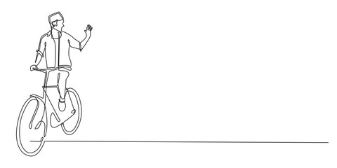 continuous line of village man riding a bicycle.one line drawing of asian man pedaling a bicycle and waving.single line vector illustration.isolated white background