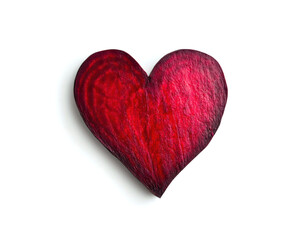 Obraz premium Heart-shaped beet slice showcasing vibrant red color and unique texture on a clean white background