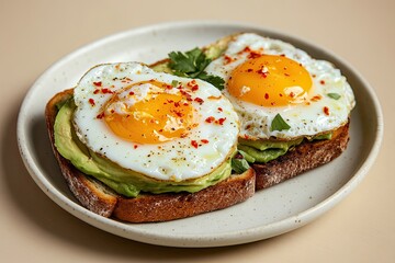 Delicious toast topped with sunny-side-up eggs, creamy avocado,