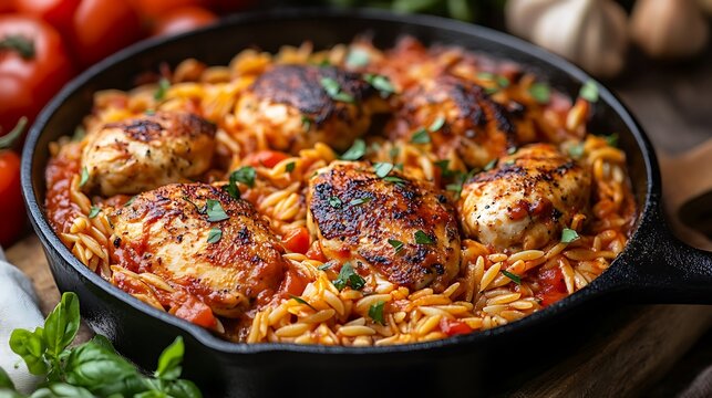 Creamy tuscan chicken in a cast iron skillet with parmesan cheese orzo