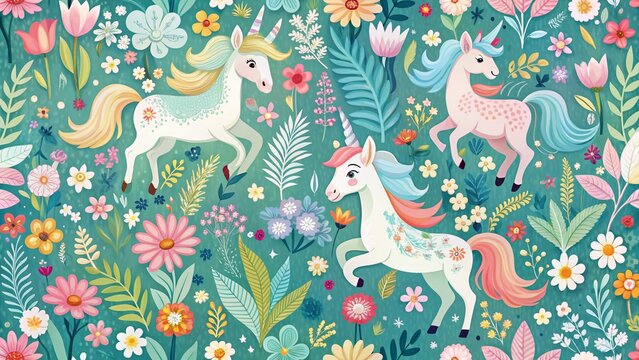 Fototapeta Cute Unicorn Floral Pattern: Magical Wallpaper & Textile Design