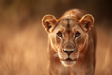 Obraz premium Majestic lioness gazing intently, surrounded by golden grass, ex