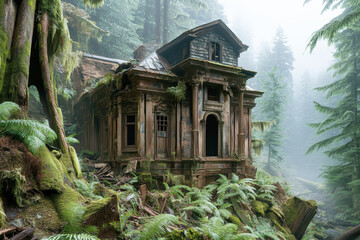 Fototapeta premium Photos of abandoned,ghostly buildings standing in the woods. AI generative.