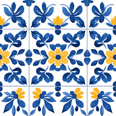 Fototapeta premium Rustic blue and yellow tile watercolor seamless pattern. Pattern of azulejos tiles
