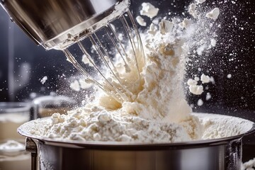 professional stand mixer in action, flour and ingredients swirling dramatically, high-speed photography with splash effects