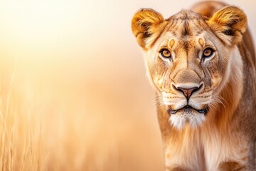 Fototapeta premium Majestic lioness gazes intently, surrounded by golden grass and