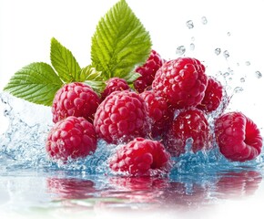 Fresh raspberries splashing in clear water with green leaves in vibrant display of nature's bounty