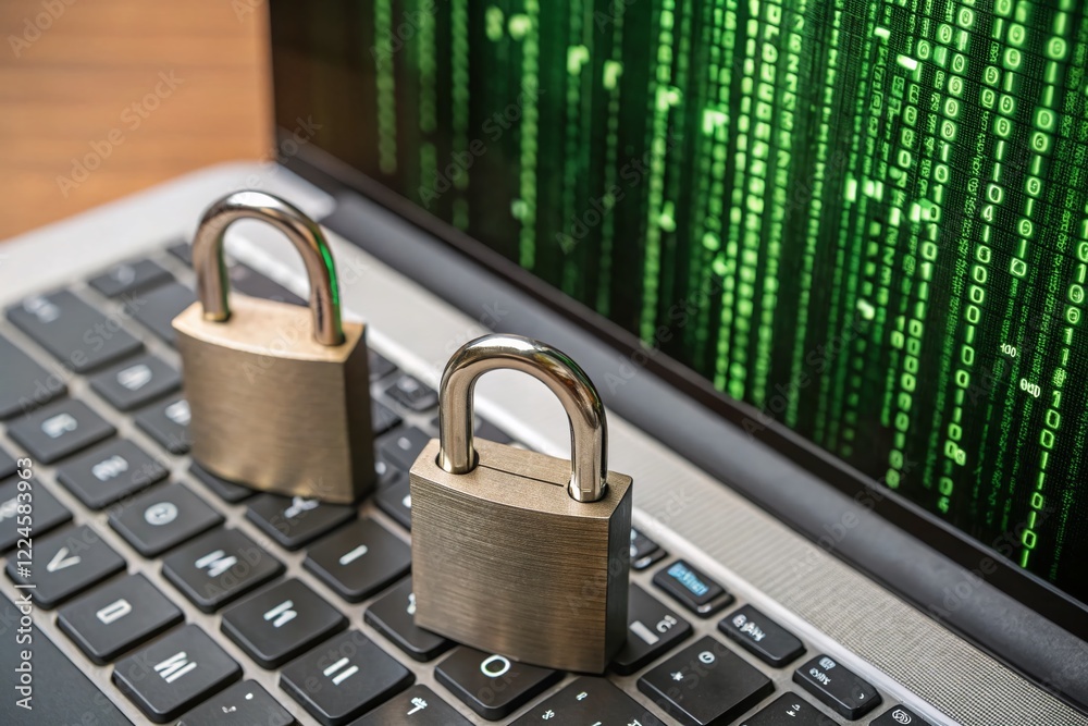 Poster cybersecurity data protection: padlocks & binary code digital art