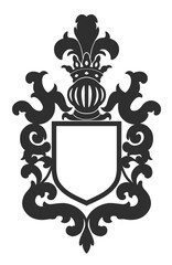 Floral heraldic shield with helmet black and white.