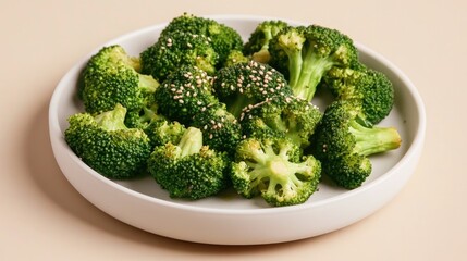 Fresh broccoli topped with sesame seeds, served on smooth plate,