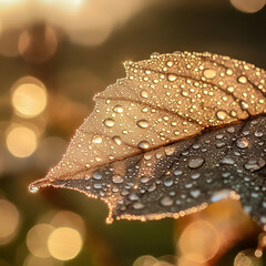 Golden Hour Dewdrop: A close-up shot of a leaf glistening with dew drops, illuminated by the warm light of the golden hour. The image evokes a sense of serenity and natural beauty. 