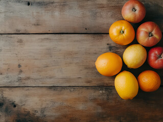 Rustic Fruit Still Life: A vibrant collection of fresh apples, oranges, and lemons arranged artfully on a rustic wooden surface, creating a visually appealing and appetizing still life. 