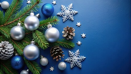 Fototapeta premium Christmas Ornament Flat Lay - Silver Baubles & Snowflakes