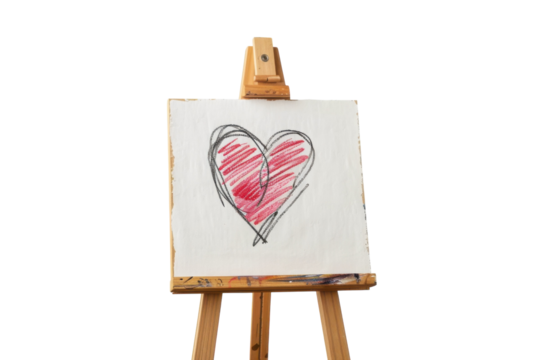 A vibrant heart drawing on an easel embraces creativity and love in a serene studio setting isolated on transparent background