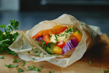 Healthy Mediterranean-inspired pita wrap filled with fresh ingredients, garnished with parsley.