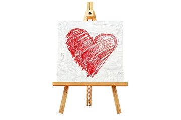 A hand-drawn red heart on canvas captures the essence of love displayed on an easel against a bright background isolated on transparent background
