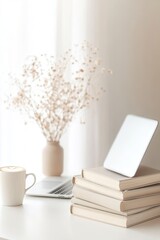 Minimalist workspace features stacked books, cozy cup, and delic