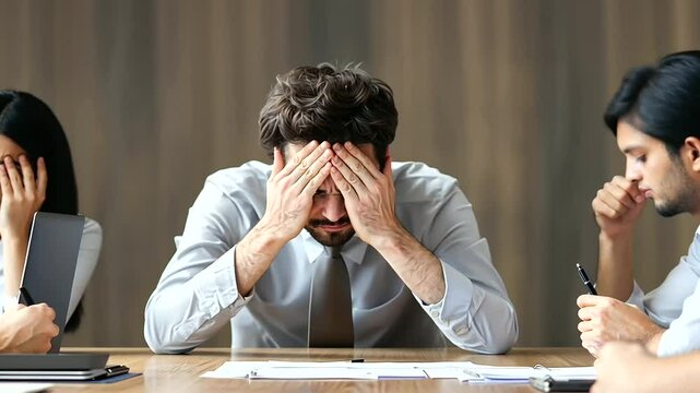 Businessperson Admitting Mistake in Tense Team Meeting