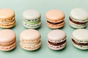 Obraz premium Delicious assortment of colorful macarons arranged neatly on pas