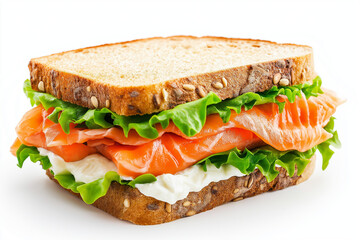 A sandwich with salmon and lettuce on a white background