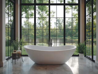 Fototapeta premium Luxurious Bathroom Retreat: A modern bathroom features a freestanding oval bathtub with a view of a serene lake through expansive floor-to-ceiling windows.