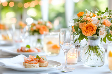 Fototapeta premium A table with a variety of food and drinks, including a vase of flowers