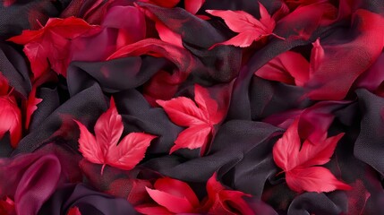 Crimson Maple Leaves on Dark Silk Fabric