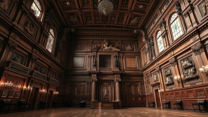 Obraz premium Majestic courtroom with intricate details, grand scale of justice and high vaulted ceilings, marble, columns, landmark