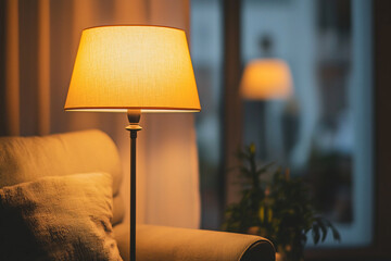 Cozy living room scene featuring a warm lamp illuminating a sofa with soft pillows and a plant