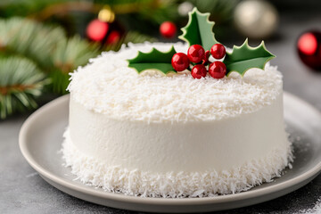 A Charming Display of a Snowy White Coconut Cake - Ideal for Food Photography and Bakery Marketing
