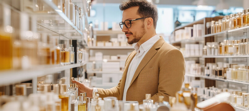 Elegant man choosing perfume in a luxury store