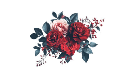 Red rose bouquet with floral decorations with transparent PNG background