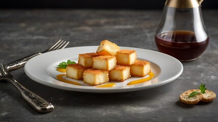 Crispy Halloumi cheese sticks Fries with sweet hot sauce on white wooden board