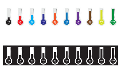 Thermometer with goal and percentages. Degree of success with colors and black. Vector illustration.