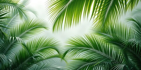 Lush green palm leaves in a peaceful and serene natural setting with misty background, misty landscape, natural scenery, natural beauty