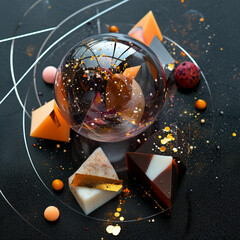 Unique dessert arrangement featuring geometric shapes and a glass dome displayed on a dark background
