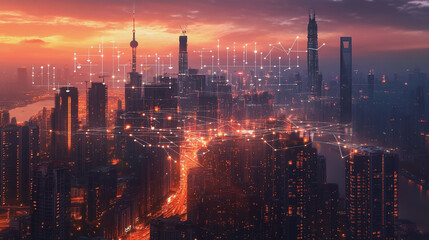 Fototapeta premium Abstract business woman stands on Smart digital Innovation city with connection network reciprocity over the twilight cityscape. of future wireless digital city and social media networking systems