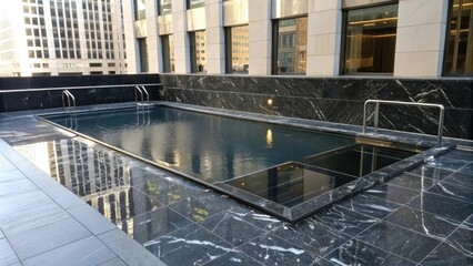 Fototapeta premium liquid metal pool surrounded by black marble and aluminium chrome accents, metallic surfaces, minimalist aesthetic, black noise, contemporary design