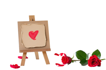 A whimsical heart drawing on canvas beside fresh red roses and scattered petals for a romantic celebration of love isolated on transparent background