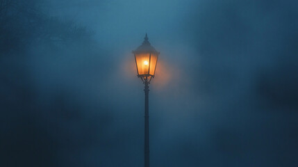 A solitary street lamp illuminating a foggy night, casting a warm glow amidst the dense mist