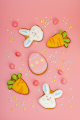 Traditional Happy Easter cookies, festive edible decor. Homemade baking concept, cute sweets