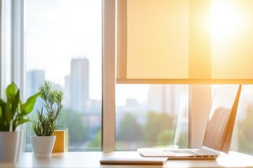 Motorized blinds beige color closeup in the window opening. Automatic home roller shades and curtains. Modern bottom up privacy shades half raised on apartment windows. Windowsill with plants