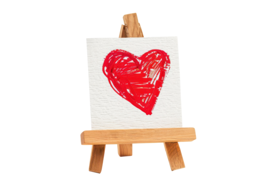 A vibrant red heart drawing displayed on a small easel, symbolizing love and creativity in an artistic setting isolated on transparent background