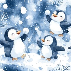 Fototapeta premium Playful penguins snowball fight winter wonderland