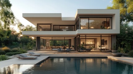Fototapeta premium Modern Luxury Lakeside Residence: Architectural marvel with breathtaking pool and serene landscape.