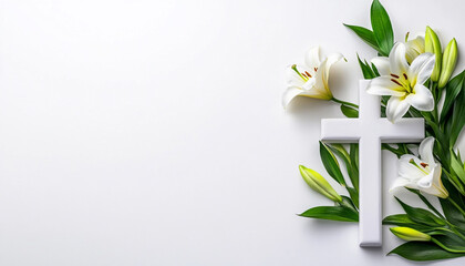 Fototapeta premium A Cross Surrounded by Lilies in Serene White Blank Space - Ideal for Religious Events and Spiritual Blogs